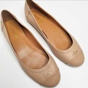 Coach Beige Tan Cap Toe Logo Career Leather Flats Sz 9